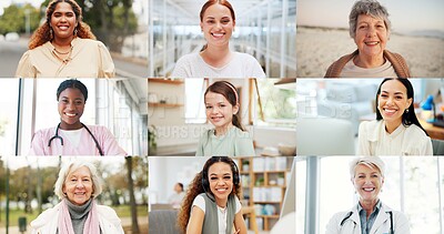 Buy stock photo Collage, diversity and generation with portrait of female people at school or work for job or education. Happy, smile and face of different children and women in montage or mosaic for development
