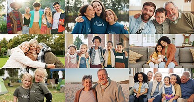 Buy stock photo Collage, diversity and generation with portrait of family people at home or in nature together for love. Happy, smile and collection of different adult and children in montage or mosaic for bonding