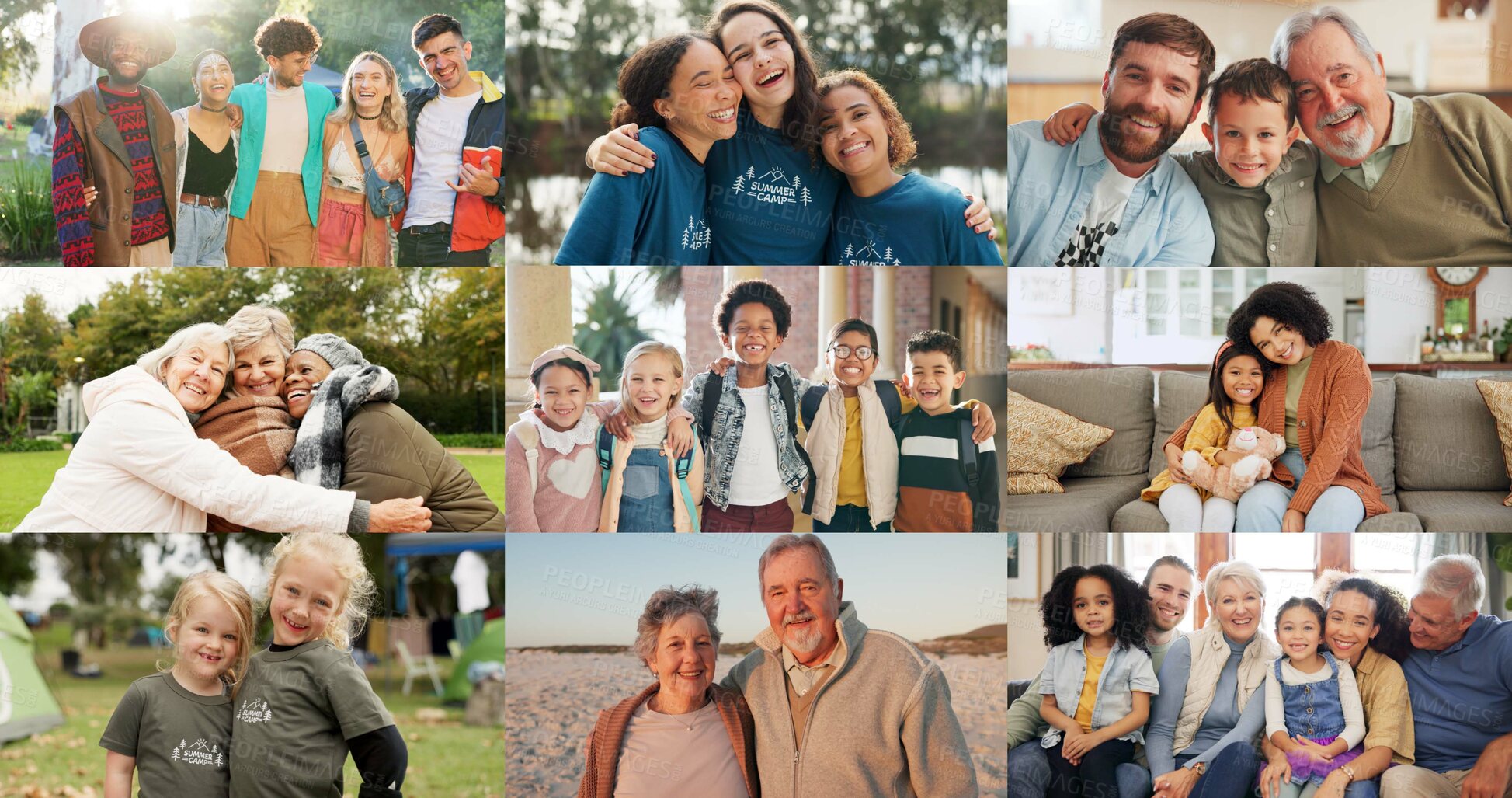 Buy stock photo Collage, diversity and generation with portrait of family people at home or in nature together for love. Happy, smile and collection of different adult and children in montage or mosaic for bonding