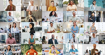 People, collage and diversity with face, smile or career for men, women or children for work, learning or fitness. Professional employees, school kids and students for arms crossed, tech or portrait