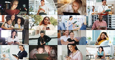 Buy stock photo Collage, diversity and generations of people with technology for business, education or training. Internet, happy or smile with adults and children in office, home or hospital for communication 