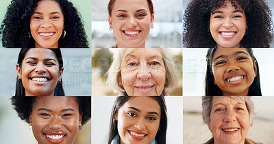 Buy stock photo Woman, collage and portrait for diversity with smile, community together or generations and girls. Group, happy people or composition, face or empowerment support with female person for solidarity