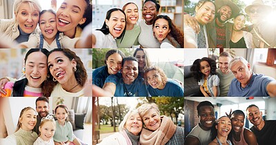 Group of people, diversity and collage with selfie or smile for fun with laugh, talking or happy. Community, older woman and multi screen for connection or communication with multiracial or social