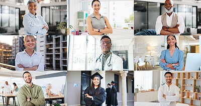 Buy stock photo Arms crossed, collage and portrait of people for career, graduation and professional success. Diversity, montage and men and women in town, office and university for business, confidence and pride