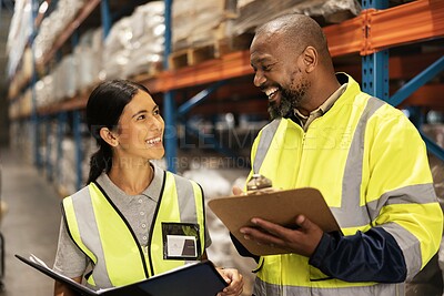 Buy stock photo Happy people, warehouse and inventory inspection with clipboard for checklist or storage management. Man, woman or team with smile for stock check in export, import or shipping industry at depot
