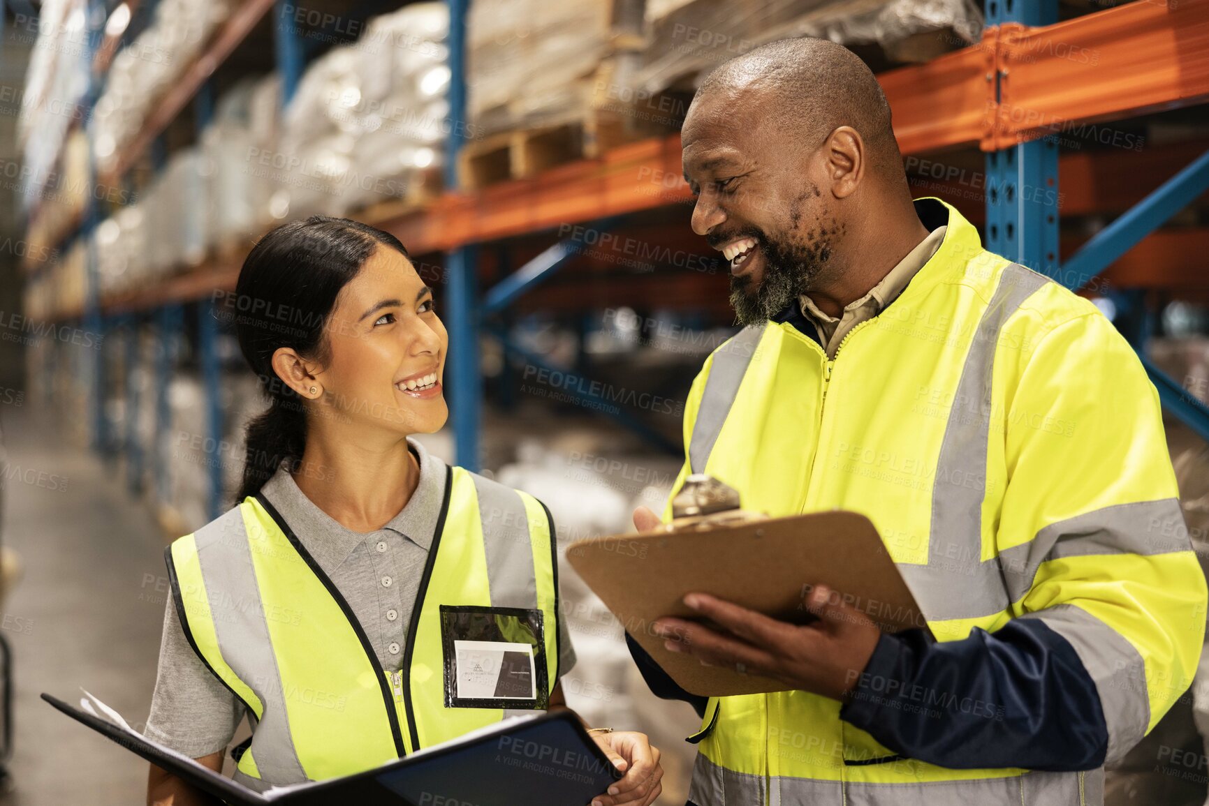 Buy stock photo Happy people, warehouse and inventory inspection with clipboard for checklist or storage management. Man, woman or team with smile for stock check in export, import or shipping industry at depot