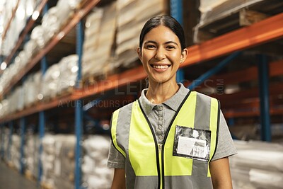 Buy stock photo Happy woman, portrait or warehouse with storage in logistics, supply chain or distribution. Face of young female person or employee with smile in shipping industry, export or import business at depot