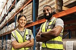 People, logistics and warehouse with clipboard for inventory inspection or checklist in storage management. Man, woman or team checking stock in shipping industry, export or import business at depot