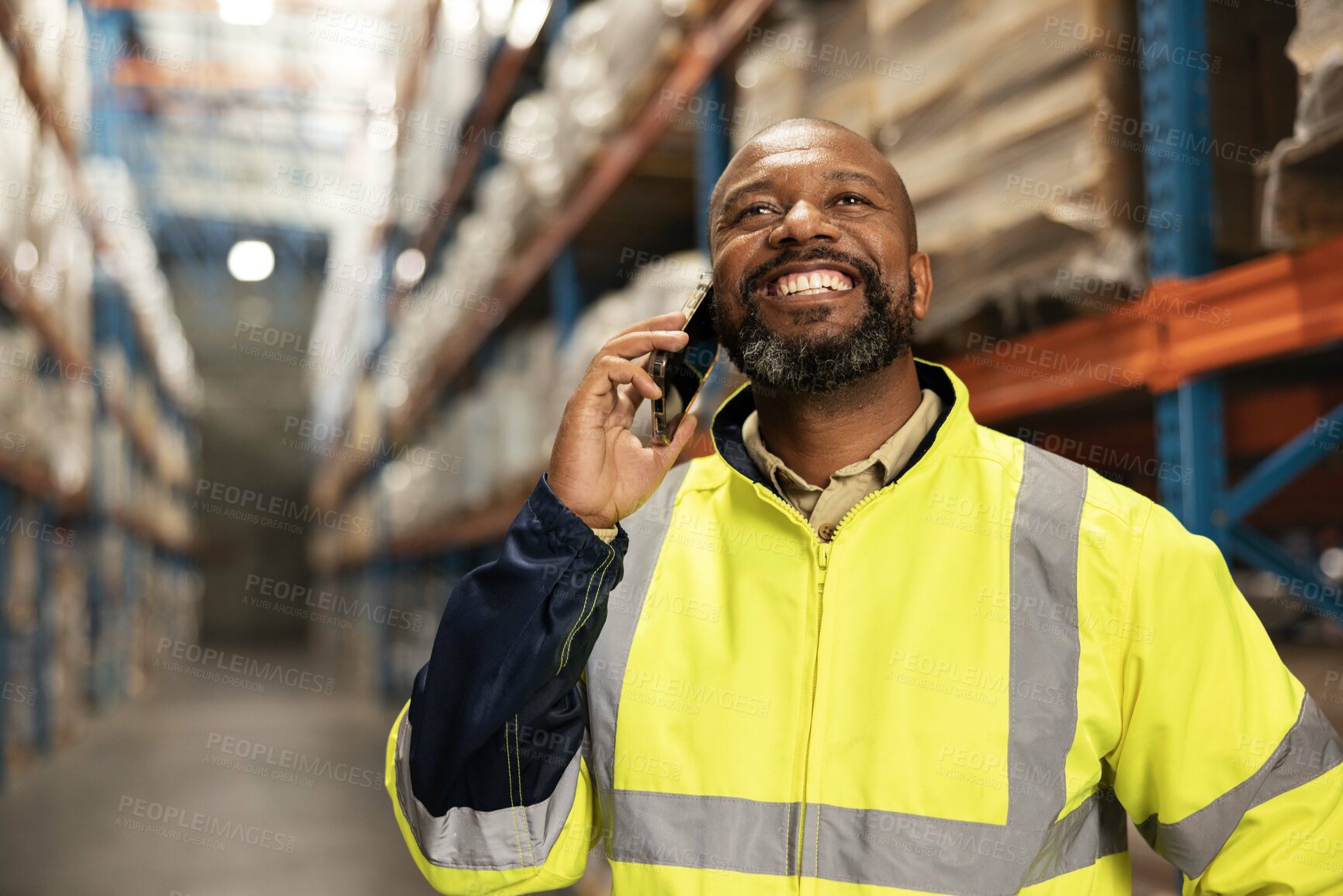 Buy stock photo Manager, warehouse and phone call, import and export  business with smile for good stock and customs. African male person, happy and tech in factory, CEO and room for product at work in company 