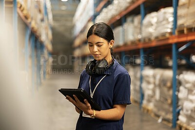 Buy stock photo Logistics, warehouse and woman with tablet for planning, inventory check and ecommerce distribution. Female person, digital and technology in storehouse for stock, control and inspection for shipping