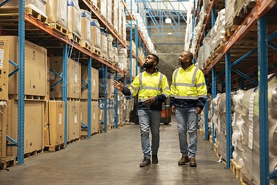 Buy stock photo Black men, coworker and stock taking at manufacturing warehouse to discuss for sales as supervisor. Logistics, entrepreneur and teamwork at wholesale for business growth, progress and operation 