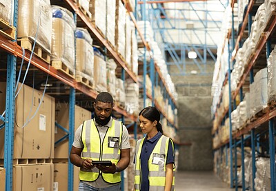 Buy stock photo Logistics, teamwork and people in warehouse with tablet for planning, inspection and inventory. Distribution, man and woman storage with online digital app for checking stock, sales or shipping order