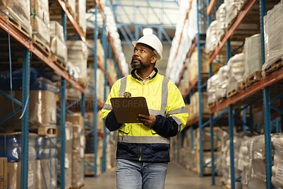 Buy stock photo Warehouse, black man or clipboard for stock, writing or inspection with import or checklist. African person, employee or worker with document or quality assurance with shipping, inventory or industry