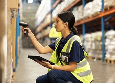 Buy stock photo Scanner, tablet and woman in warehouse checking stock for distribution, inspection or delivery. Ecommerce, logistics and girl with digital barcode reader for package inventory, order and supply chain