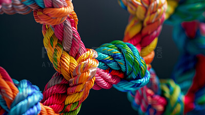 Connection, color and and knot of rope with pattern, bundle and texture for climbing, safety or strong yarn. String, thread or rainbow on wallpaper with abstract textile, lines and network diversity