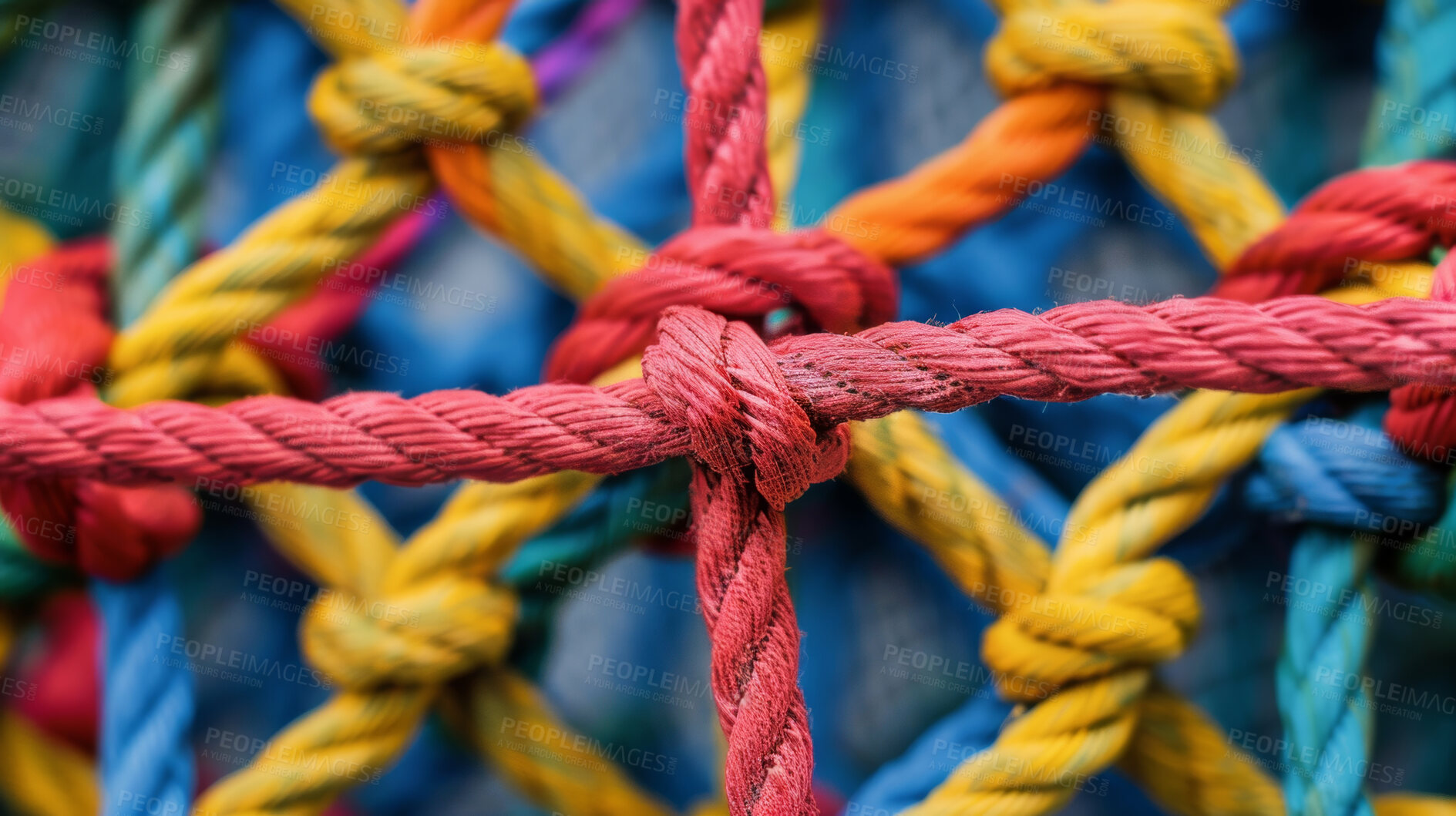 Buy stock photo Network, color and and knot of rope with pattern, mesh and texture for climbing, safety or strong connection. String, thread or yarn on wallpaper with abstract textile, lines and rainbow diversity