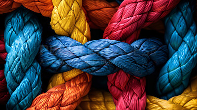 Rainbow, knot and and network of rope with pattern, color and texture for climbing, safety or strong connection. String, thread or yarn on wallpaper with abstract textile, lines and woven diversity