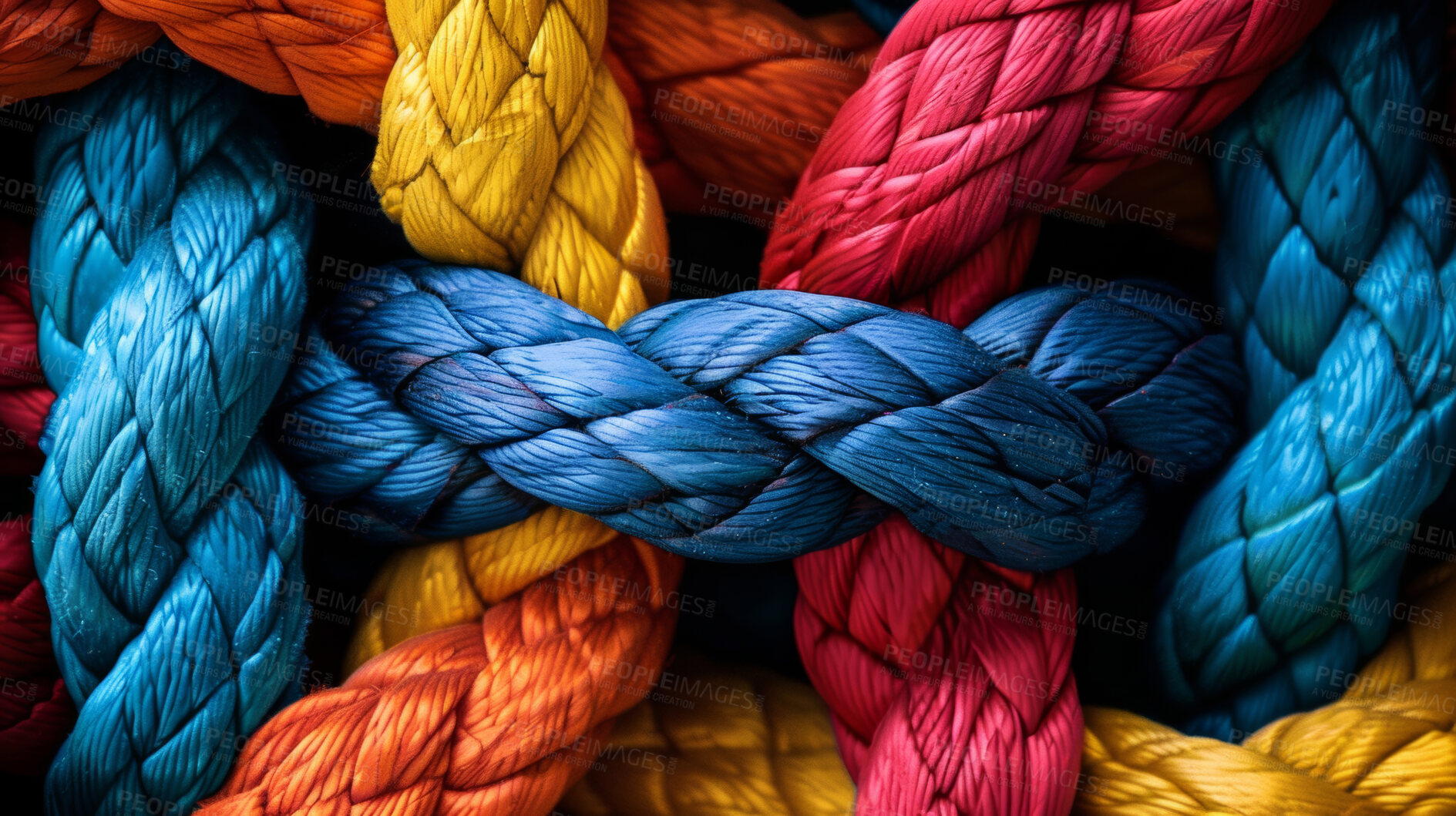 Buy stock photo Rainbow, knot and and network of rope with pattern, color and texture for climbing, safety or strong connection. String, thread or yarn on wallpaper with abstract textile, lines and woven diversity