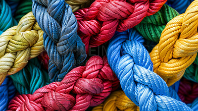 Rainbow, knot and bundle of rope with texture, color and pattern for climbing, safety or strong connection. String, thread or craft yarn on wallpaper with abstract textile, lines or network diversity