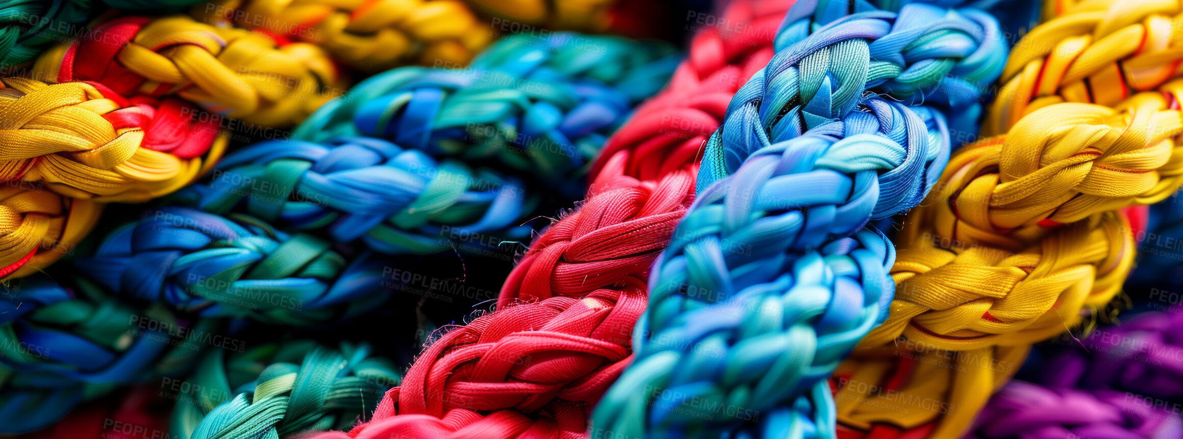 Buy stock photo Rainbow, pattern and bundle of rope with texture, color and knot for climbing, safety or strong connection. String, thread or craft yarn on wallpaper with abstract textile, lines or network diversity