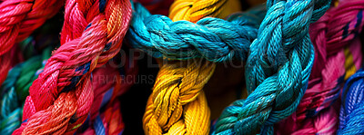 Rainbow, network and bundle of rope with texture, color and pattern for climbing, safety or strong connection. String, thread or craft yarn on wallpaper with abstract knot, lines or textile diversity