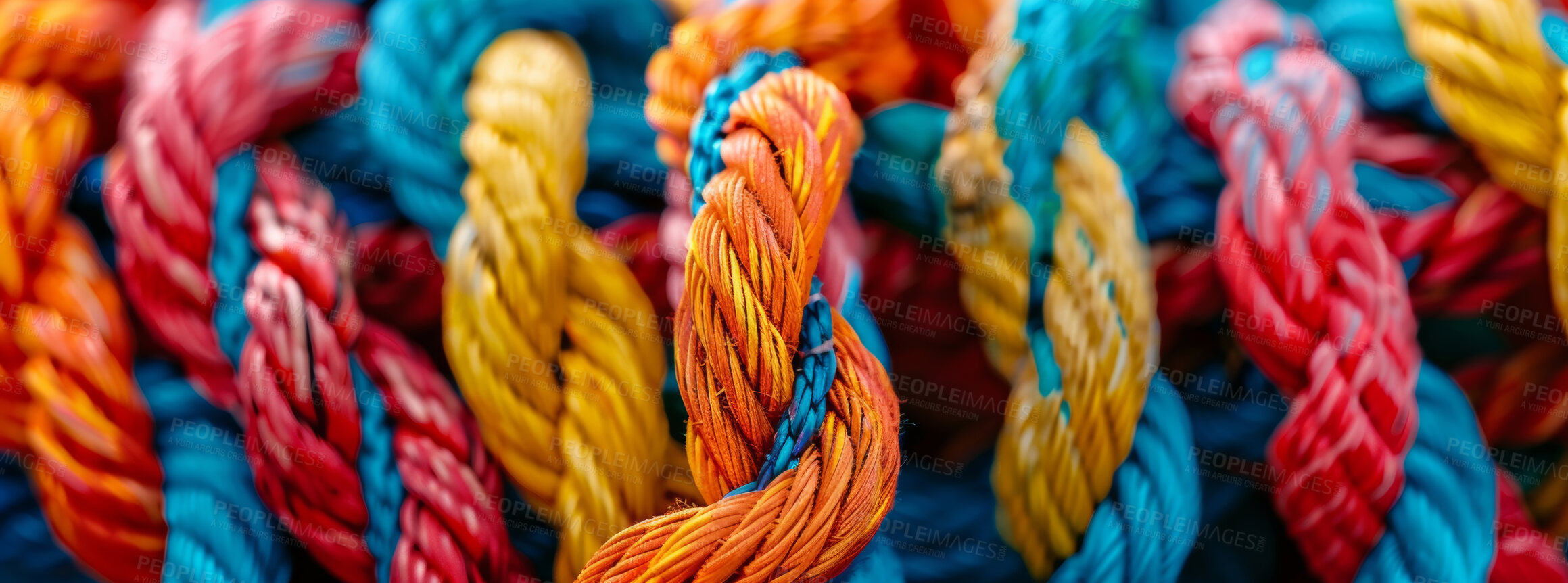Buy stock photo Knot, color and pattern of rope with connection, bundle and texture for craft, safety or strong network. String, thread or yarn on wallpaper with abstract textile, creative lines or rainbow diversity