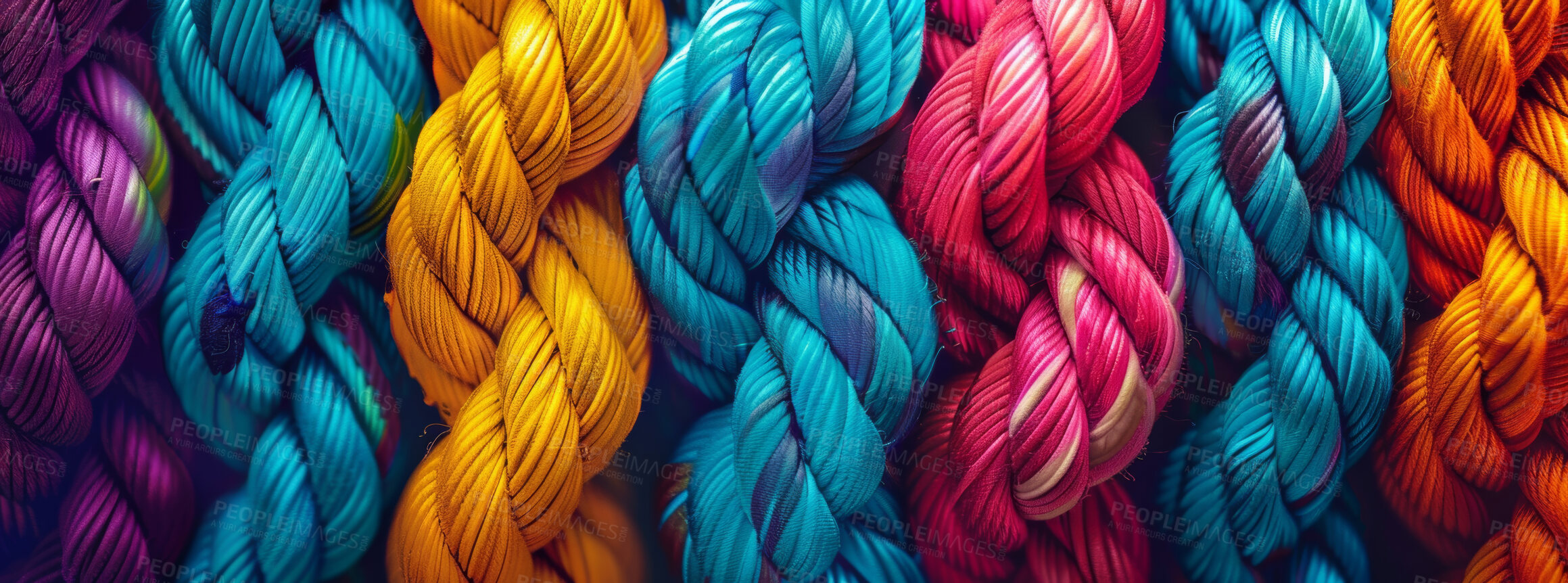 Buy stock photo Rainbow, color and bundle of cotton yarn with pattern, knot and texture for creativity, sewing or strong connection. String, thread or art for wallpaper with textile, embroidery and network diversity