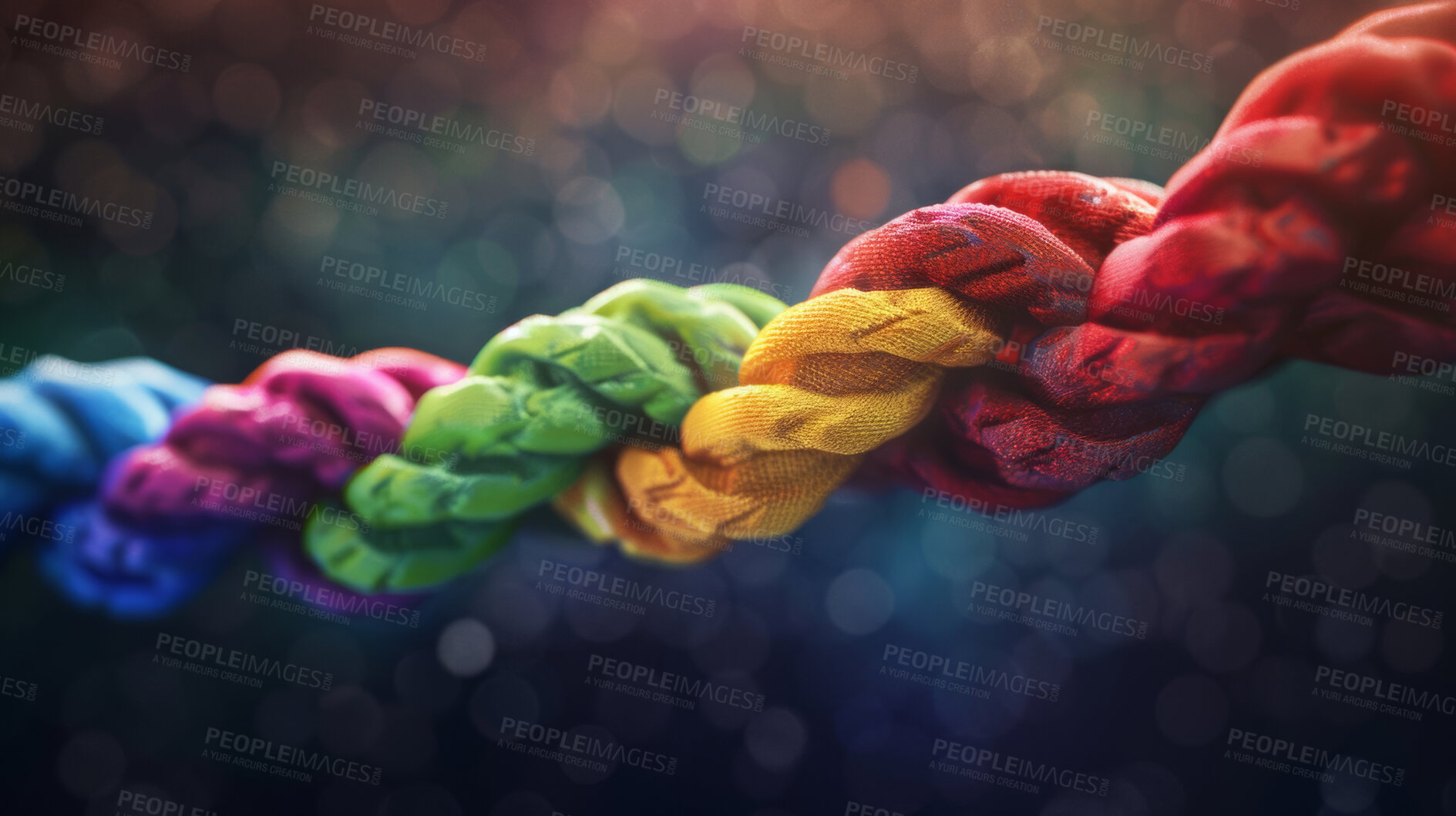 Buy stock photo String, color and connection of rope with pattern, support and texture for structure, safety or strong network. Diversity, thread or yarn on wallpaper with abstract textile, lines or rainbow synergy