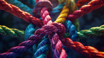 Knot, color and network of rope with all diversity, support and texture for structure, safety or strong connection. String, thread or yarn on wallpaper with abstract textile, lines or rainbow synergy