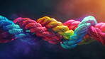 Connection, color and string of rope with pattern, knot and texture for synergy, safety or strong connection. Cable, thread or yarn on wallpaper with abstract textile, lines and rainbow diversity