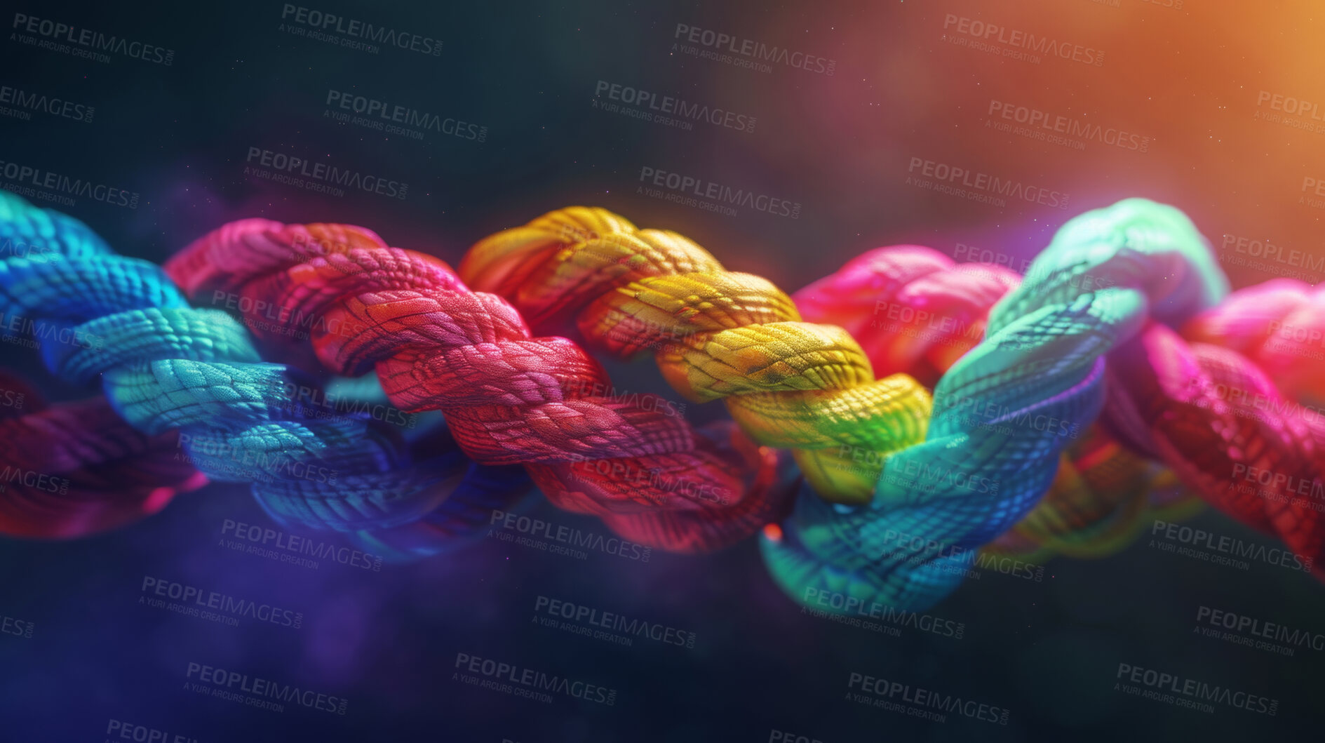 Buy stock photo Connection, color and string of rope with pattern, knot and texture for synergy, safety or strong connection. Cable, thread or yarn on wallpaper with abstract textile, lines and rainbow diversity