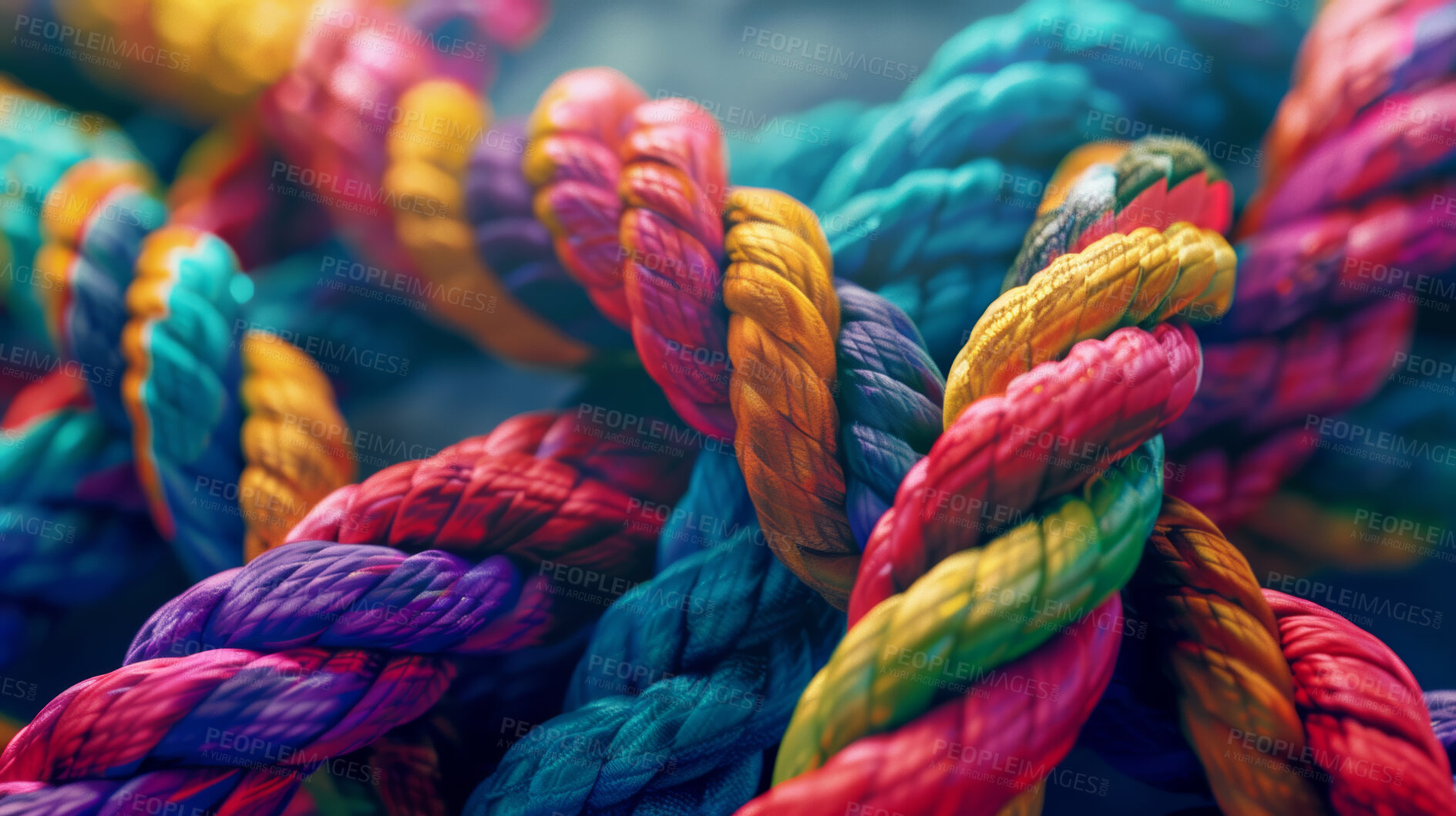 Buy stock photo Knot, color and connection of rope with bundle, support and texture for diversity, safe or strong network. String, thread or yarn on wallpaper with abstract textile, creative lines or rainbow synergy