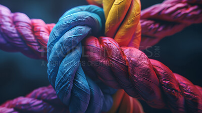 Rainbow, color and knot of rope with support, synergy and network of safety, solidarity or strong connection. String, thread or yarn on wallpaper with abstract textile, creative lines and diversity