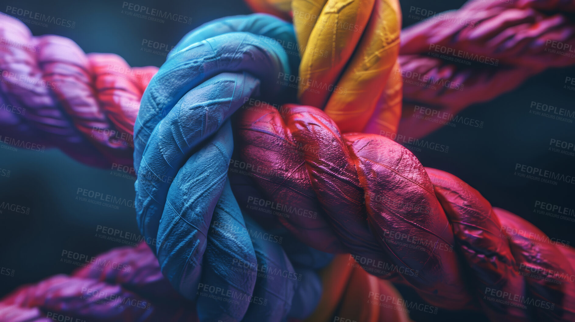 Buy stock photo Rainbow, color and knot of rope with support, synergy and network of safety, solidarity or strong connection. String, thread or yarn on wallpaper with abstract textile, creative lines and diversity