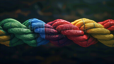 Rainbow, color and lines of rope with connection, knot and texture for climbing, safety or strong network. Support, thread or yarn on wallpaper with abstract textile, creative lines and diversity
