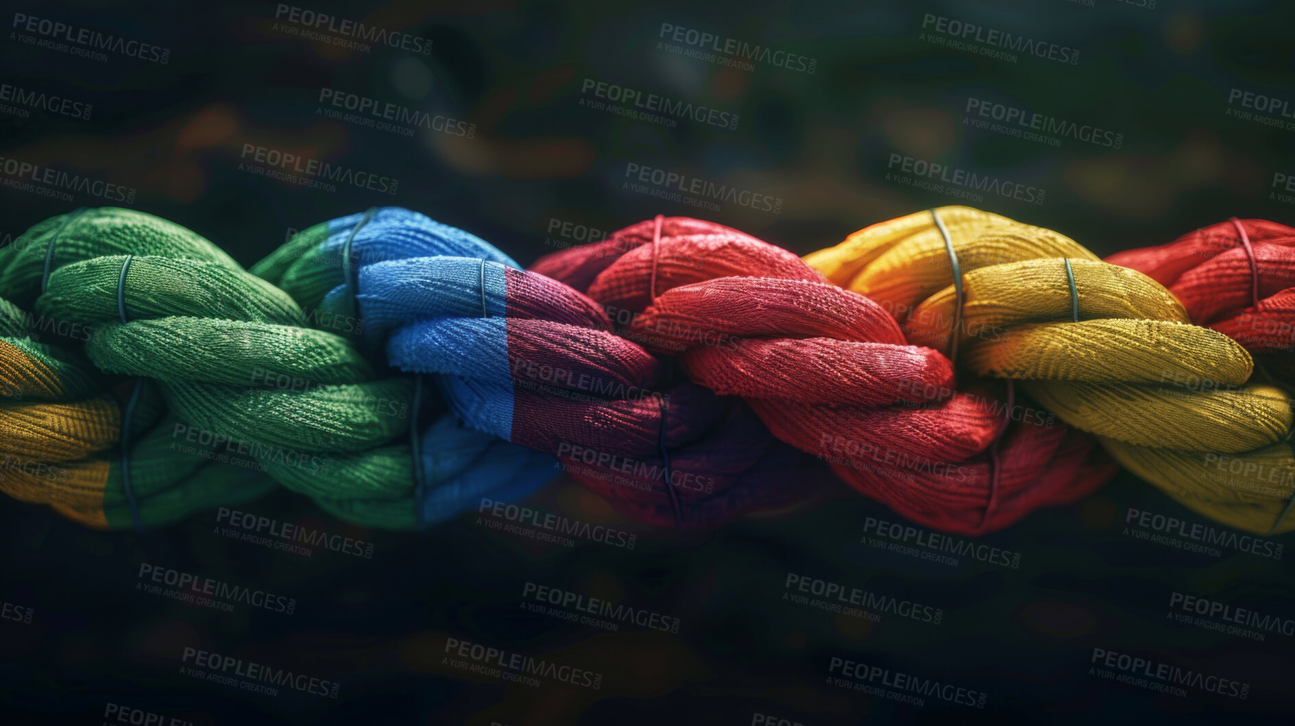 Buy stock photo Rainbow, color and lines of rope for connection, knot and texture for climbing, safety or strong network. Support, thread or yarn on wallpaper with abstract textile, creative art and diversity