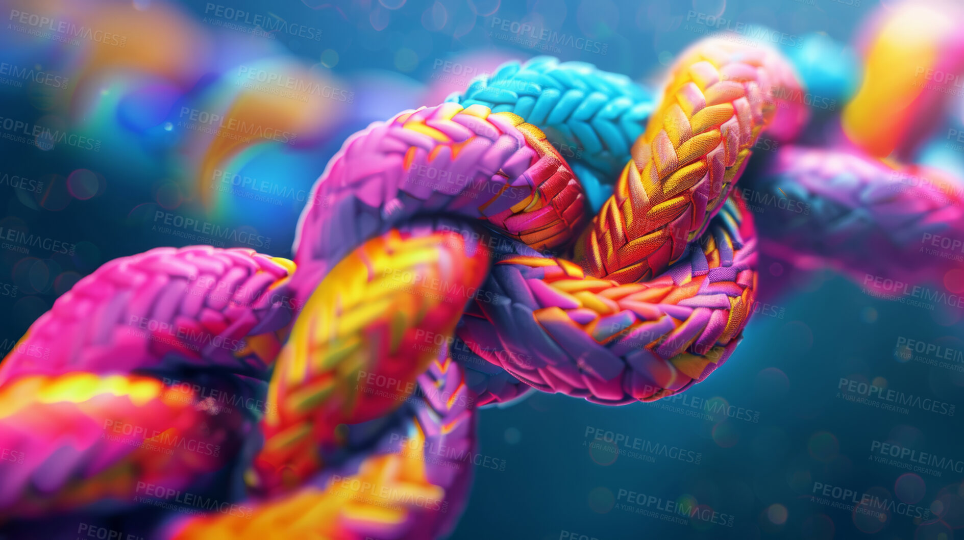 Buy stock photo Neon, color and rope with chain network, knot and texture for support, safety or strong connection. String, thread or yarn on wallpaper with abstract textile, rainbow lines and creative diversity