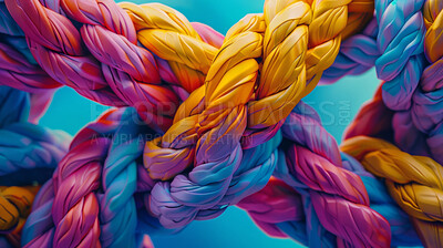 Support, color and network of rope with knot, diversity or texture for structure, safety or strong connection. String, thread or yarn on wallpaper with abstract textile, neon lines or rainbow synergy