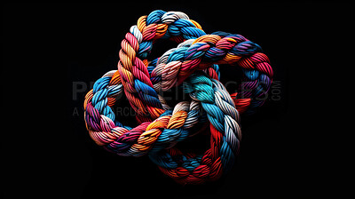 Rope, color and celtic knot with pattern, black background and texture for security, safety or strong connection. String, thread or yarn on wallpaper with abstract textile, lines and woven diversity