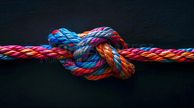 Knot, color and rope with unity, cooperation and collaboration on a dark studio background. Texture, teamwork and symbol for partnership and solidarity with culture, help and cooperation with support