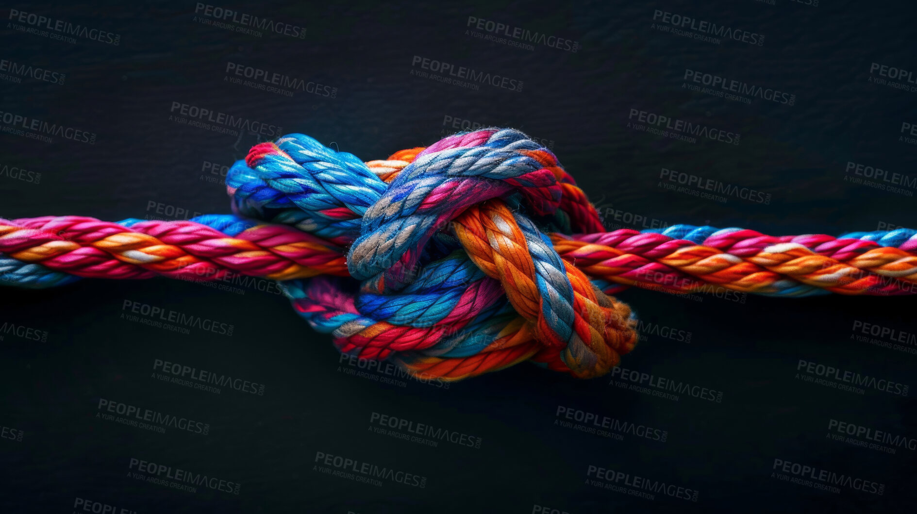 Buy stock photo Knot, color and rope with unity, cooperation and collaboration on a dark studio background. Texture, teamwork and symbol for partnership, trust and solidarity with culture, help and icon with support