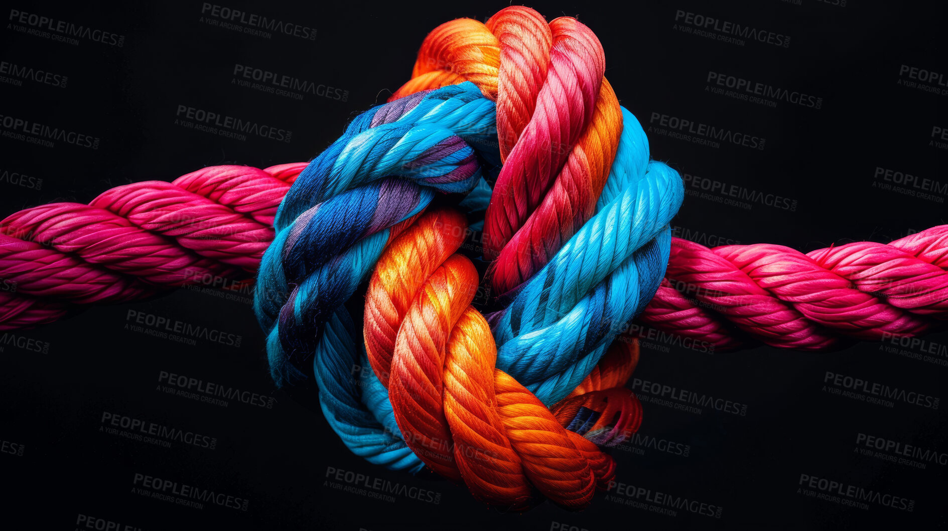 Buy stock photo Knot, color and rope with solidarity, teamwork and collaboration on dark studio background. Texture, modern art or symbol for unity, icon or partnership with culture, help or cooperation with support