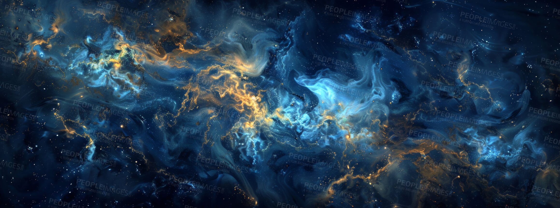 Buy stock photo Texture, paint and swirl with outer space, marble background and creative splash, glitter or star sky graphic for art. Canvas, wallpaper and illustration for design, blue with gold ripple or galaxy