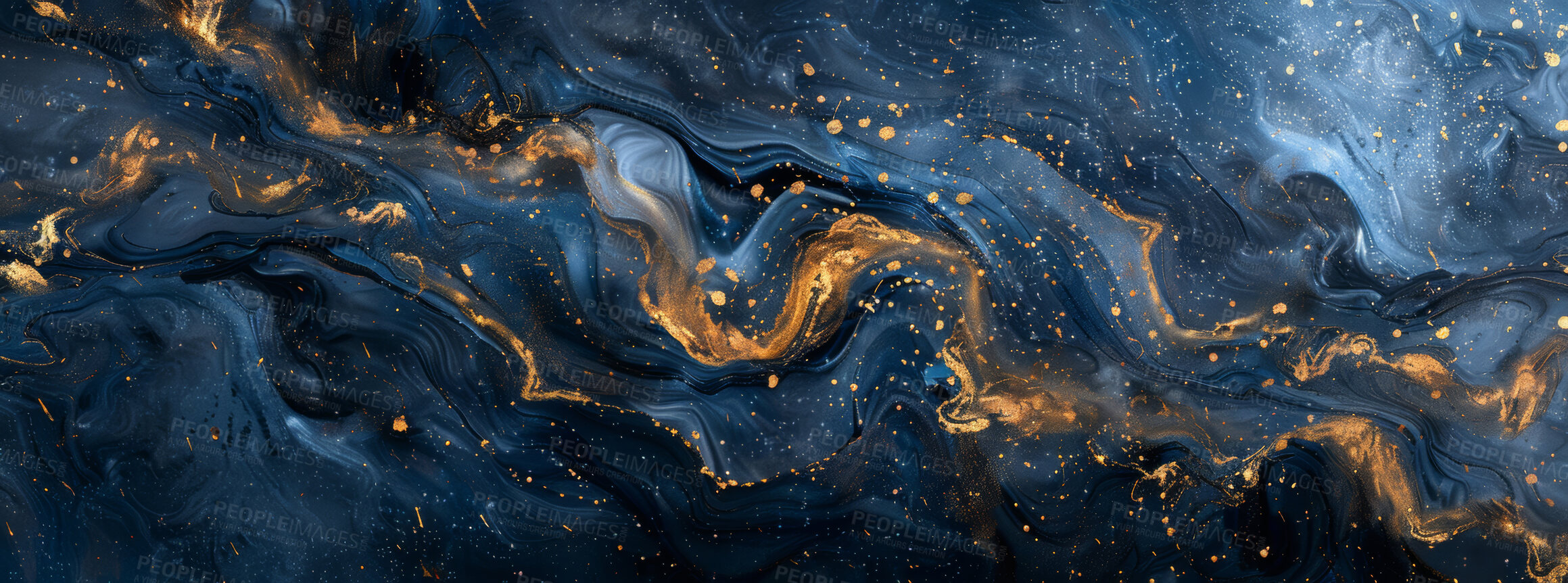 Buy stock photo Texture, paint and swirl with galaxy, marble background and creative splash, glitter or star sky graphic for art. Canvas, wallpaper and illustration for design, blue with gold ripple or outer space