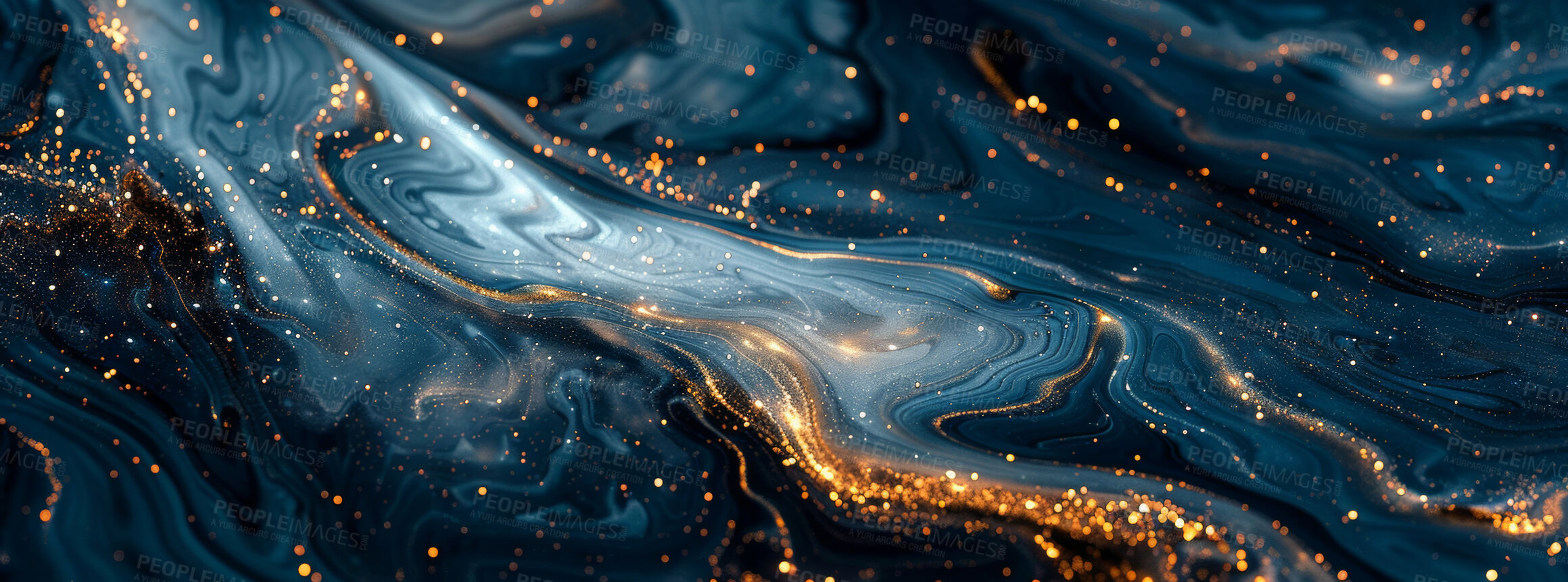 Buy stock photo Texture, painting and galaxy swirl with marble background, creative splash with glitter or star graphic for art. Canvas, wallpaper and illustration for design, blue with gold ripple or outer space
