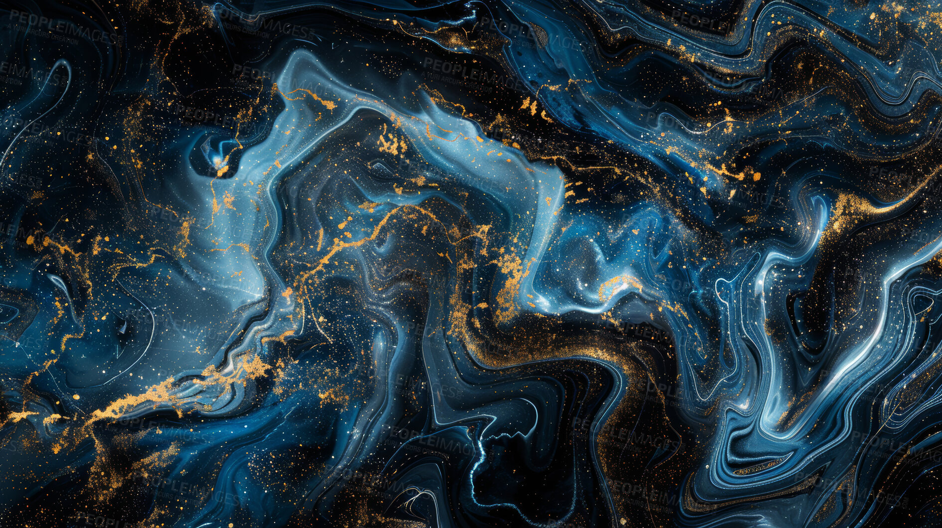 Buy stock photo Texture, painting and outer space swirl with marble background, creative splash with glitter or star graphic for art. Canvas, wallpaper and illustration for design, blue with gold ripple or galaxy