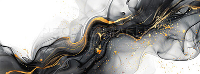 Graphic, smoke and abstract with gold for art or wallpaper, luxury or marble or macro for particles. Waves, banner and painting with light for poster or illustration, creativity or wealth in texture