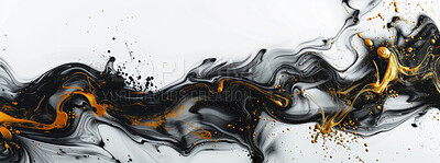 Buy stock photo Texture, wave and abstract with art, flow and creativity with elegance on a white studio background. Empty, splash and paint with black and gold with design and wallpaper with illustration and luxury