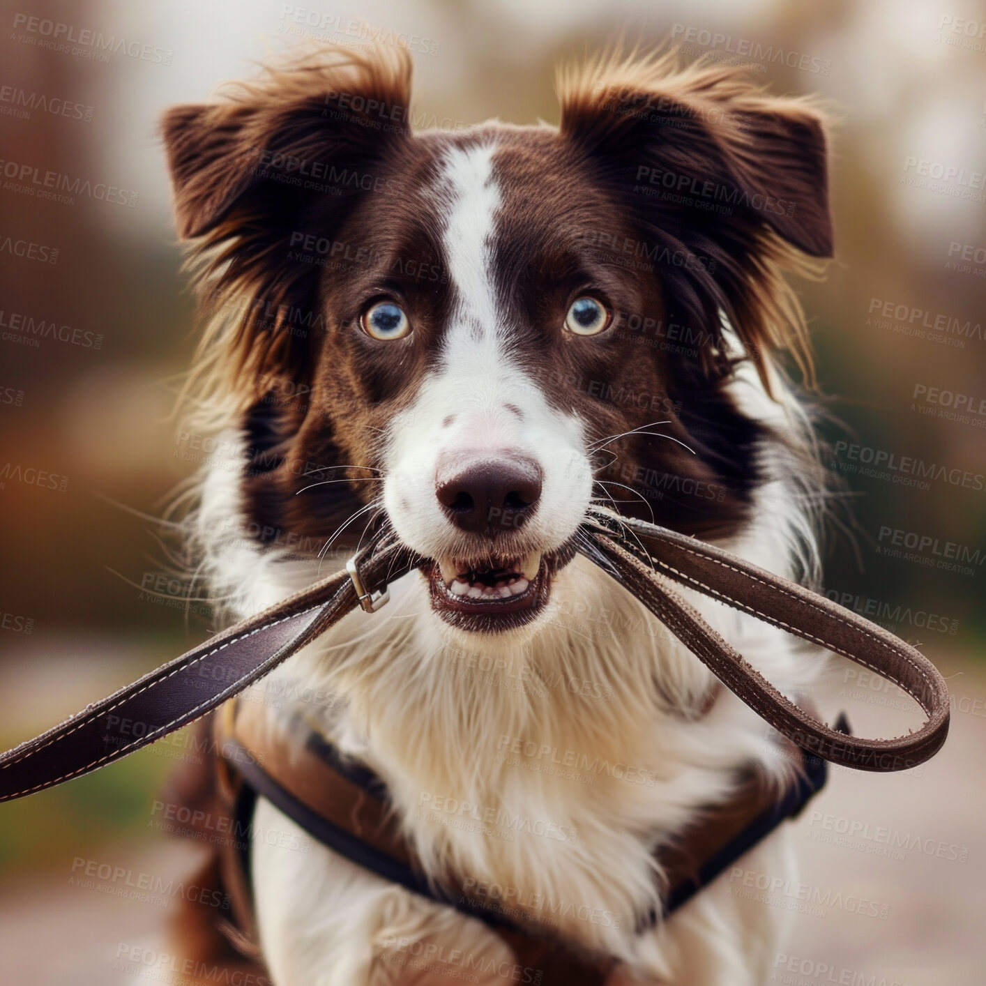 Buy stock photo Portrait, dog and rope for walk in forest or woods for hunting exercise, obedience training or play in nature. Belt, brown border collie or face of pet with a leash for health routine in Australia