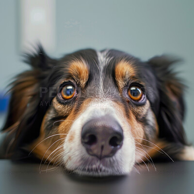 Buy stock photo Dog, face and pet with puppy eyes for cute, adorable or lazy in checkup at animal shelter or clinic. Portrait or closeup of canine, companion or furry friend relaxing and looking sad with big nose